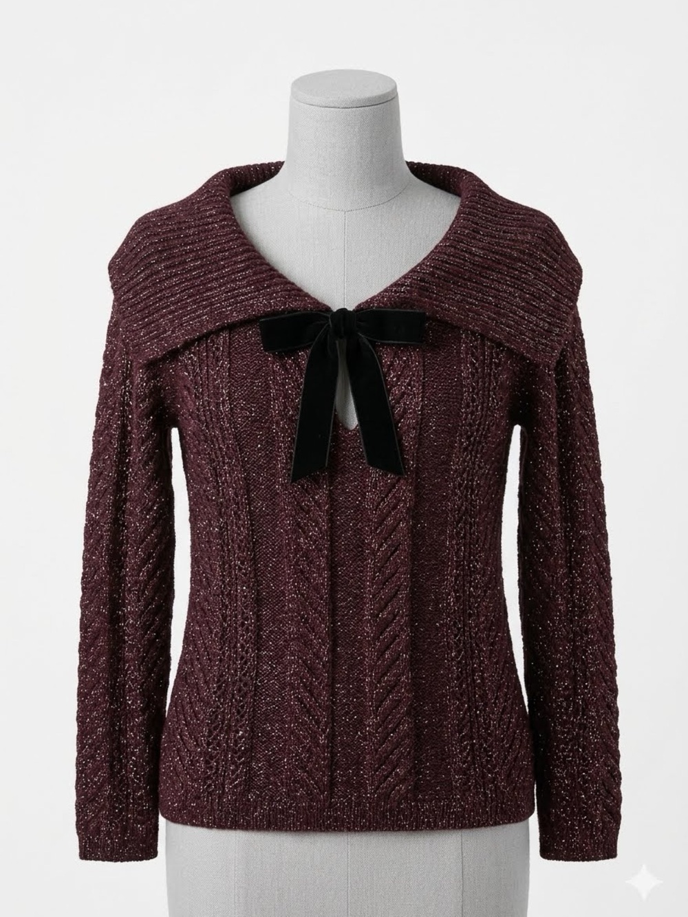 White House Black Market Cable Knit Sweater with Velvet Bow - Burgundy, Size M